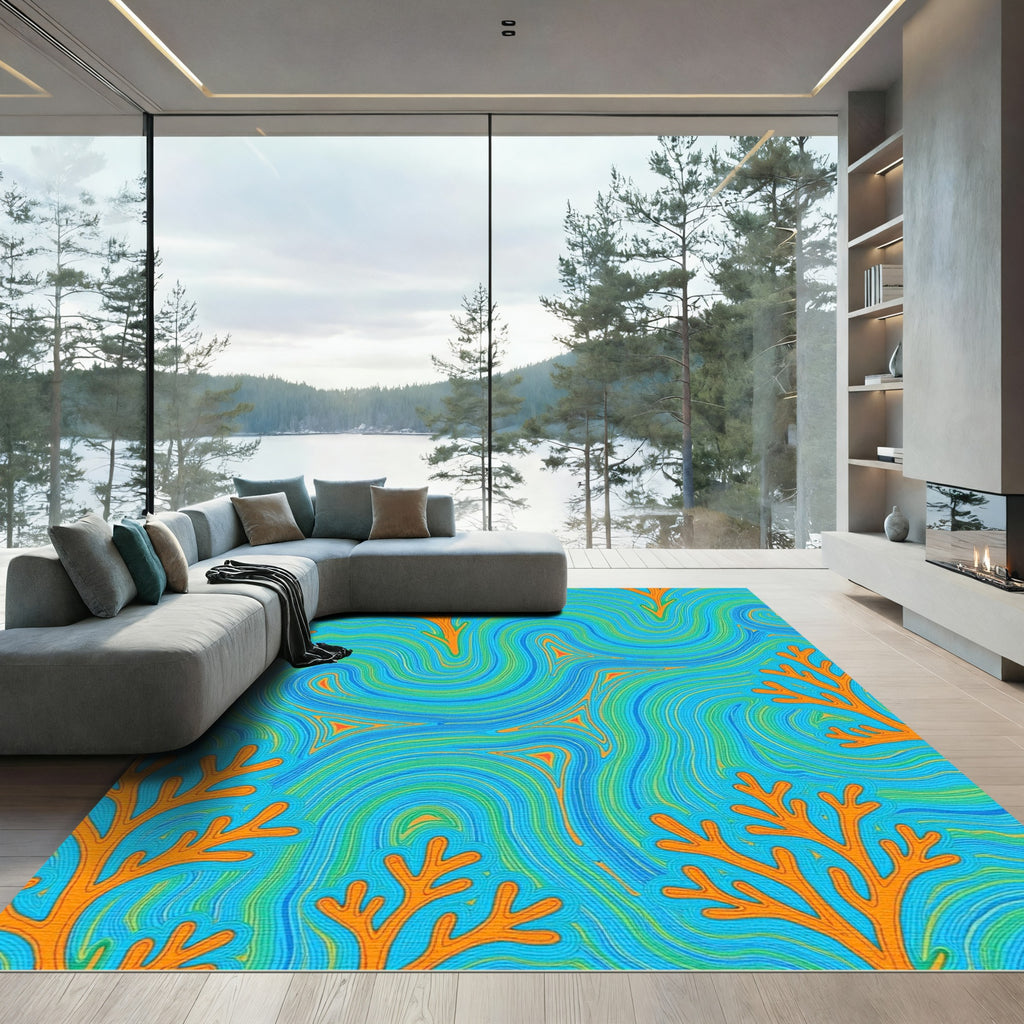 Orange Coral Blue Swirl Lines Rug