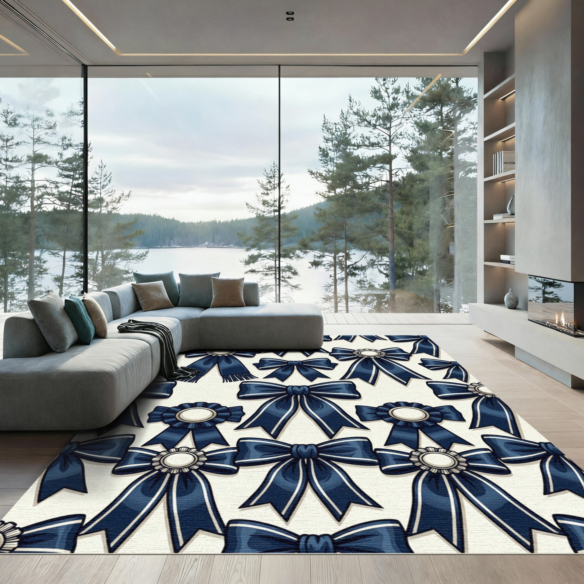 Navy Ribbon Bows and Rosette Medallions Rug