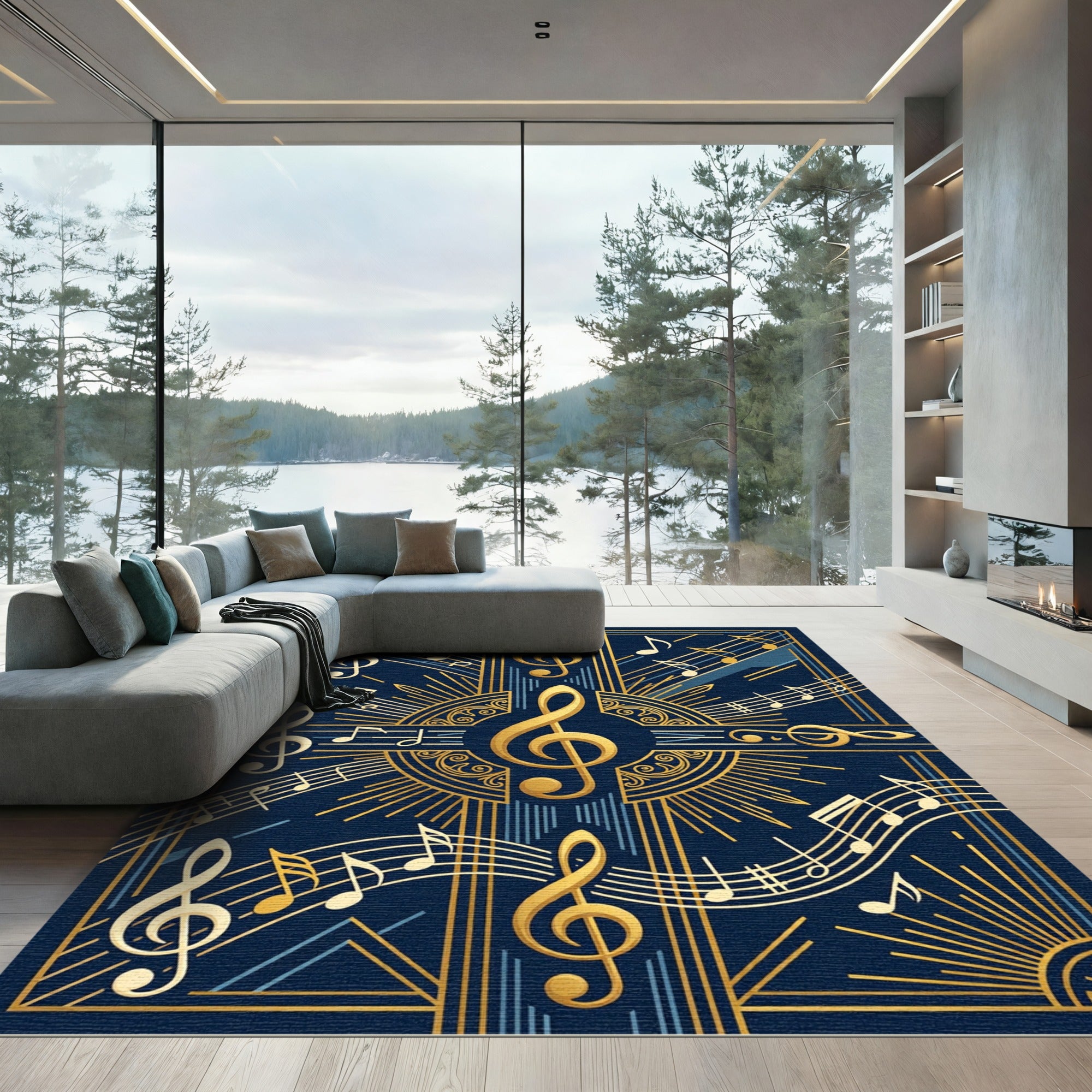 Art Deco Golden Music Note Navy Rug
