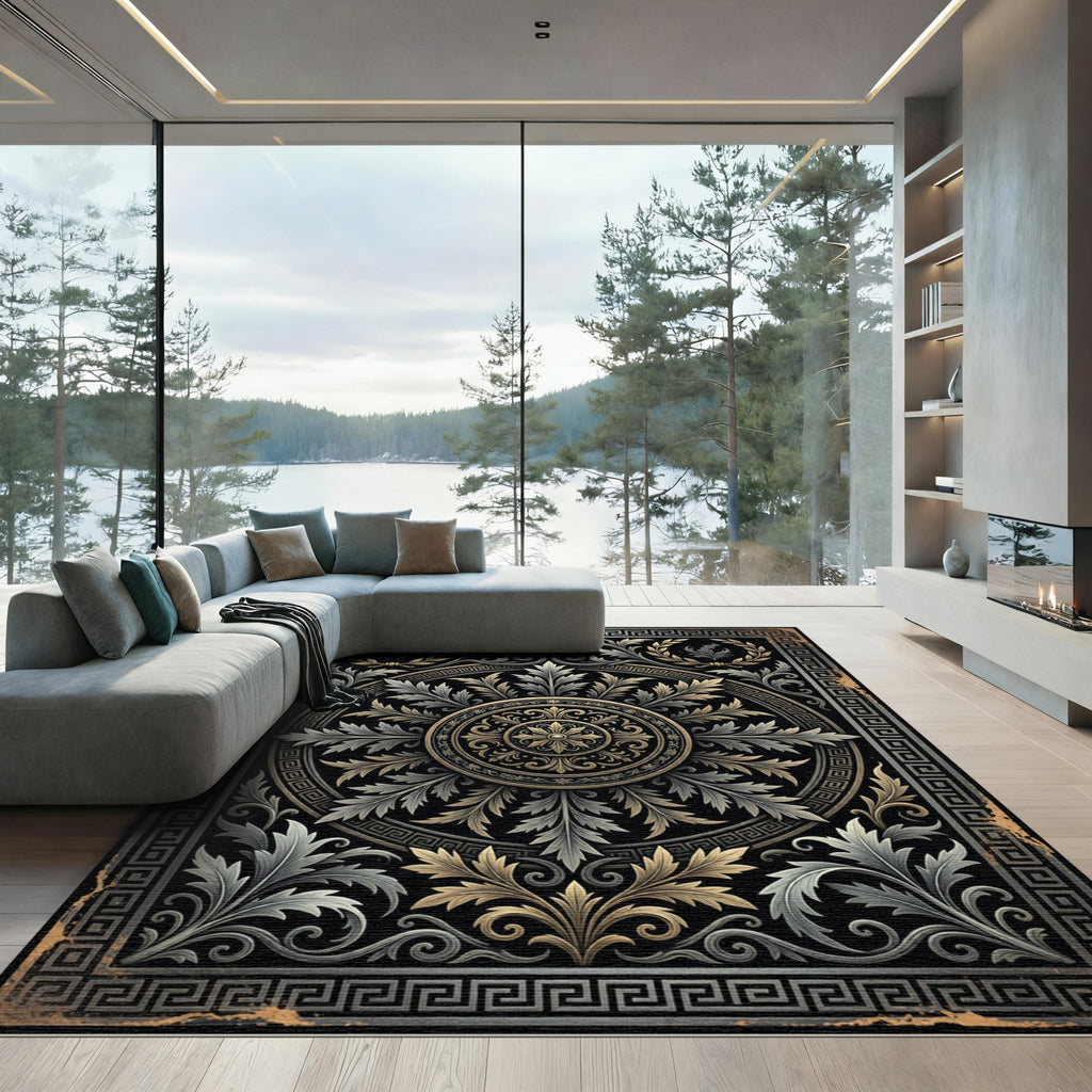 Neoclassical Gold and Silver Medallion Rug