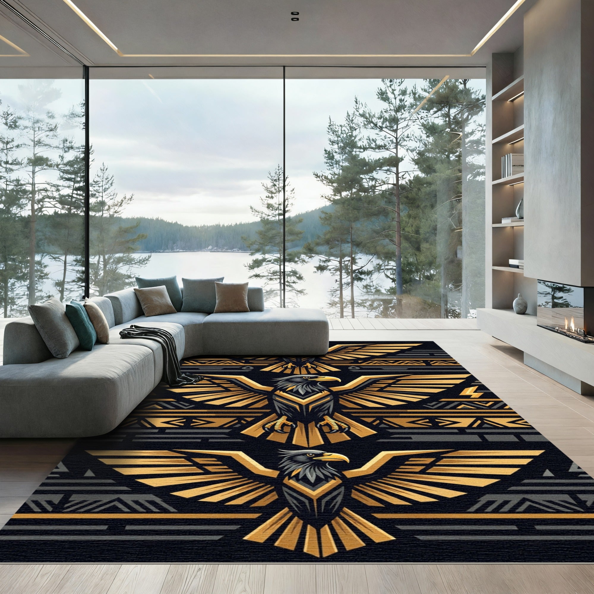 Golden Eagle Tribal Geometric Composition Rug
