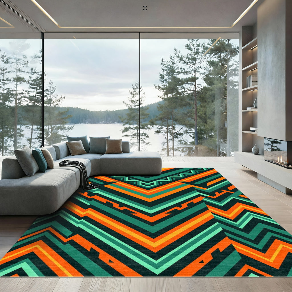 Geometric Zigzag Chevron Emerald Orange Rug