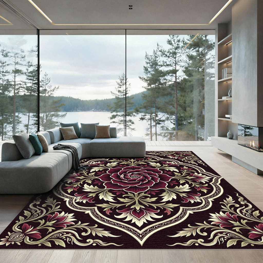 Deep Burgundy Floral Medallion Floret Rug
