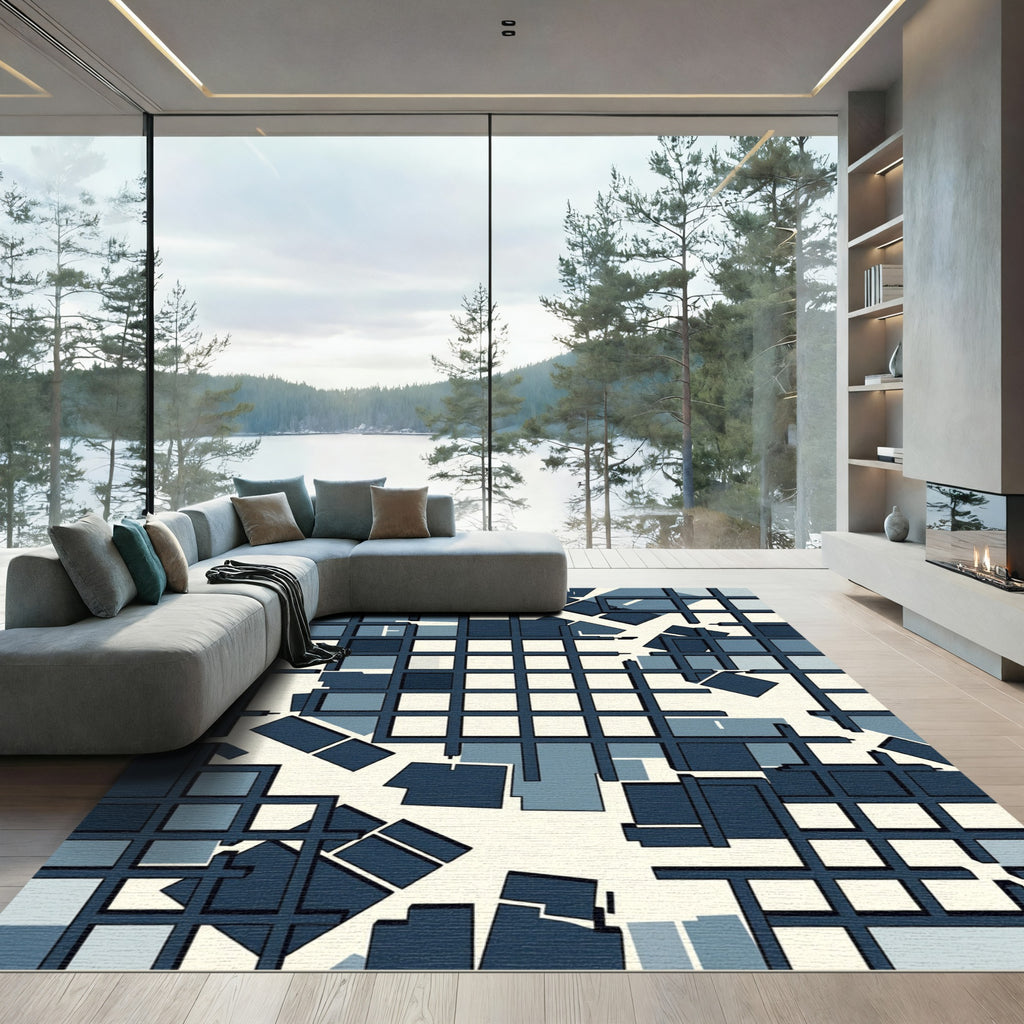 Modern Navy Blue Geometric Grid Sculpture Rug
