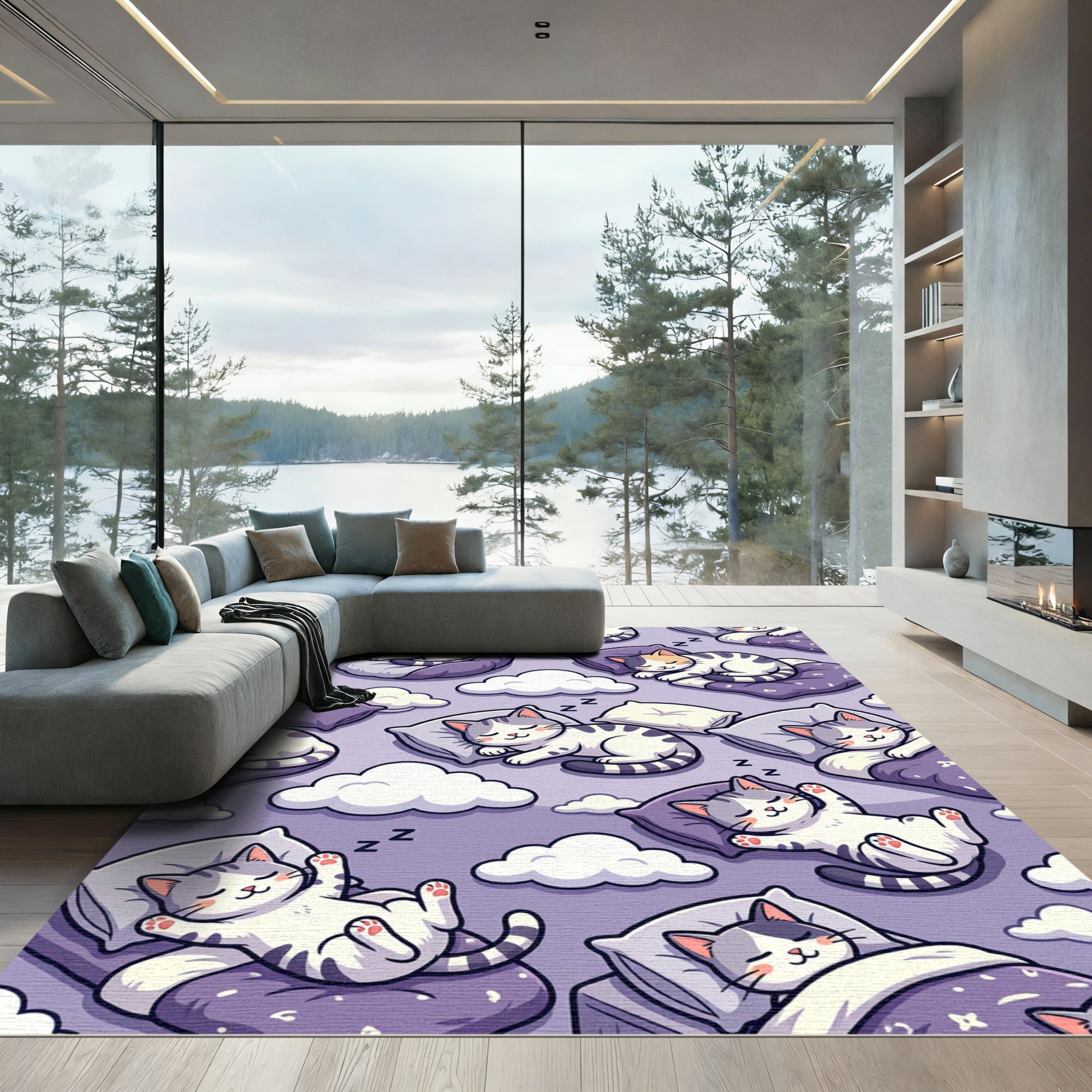 Sleepy Purple Cats and Clouds Rug