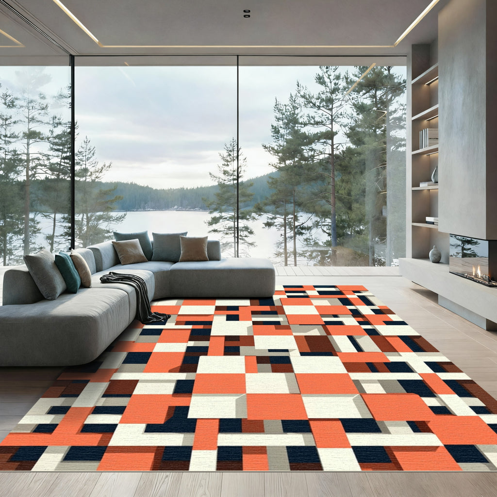 Retro Orange White Block Weave Rug