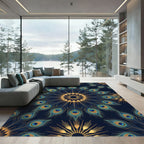 Elegant Peacock Feather Gold Mandala Rug