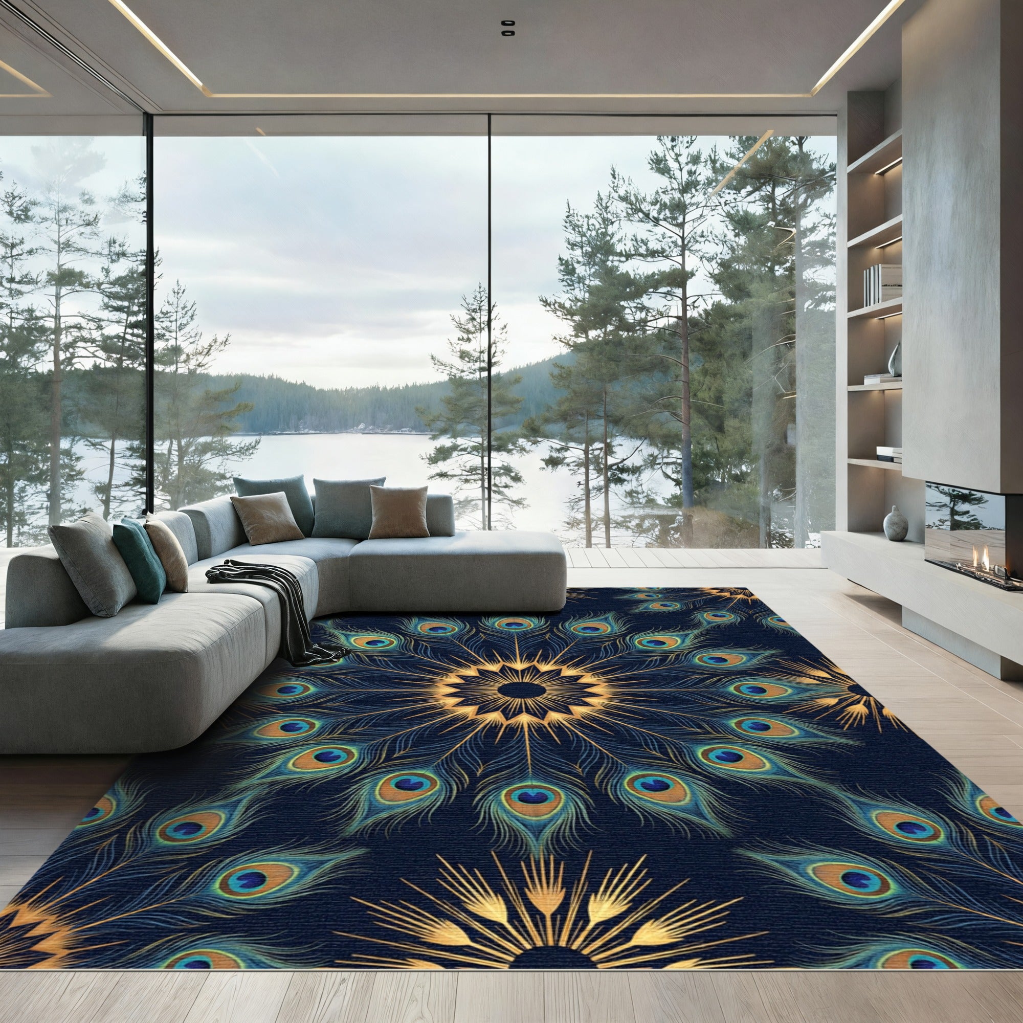 Elegant Peacock Feather Gold Mandala Rug