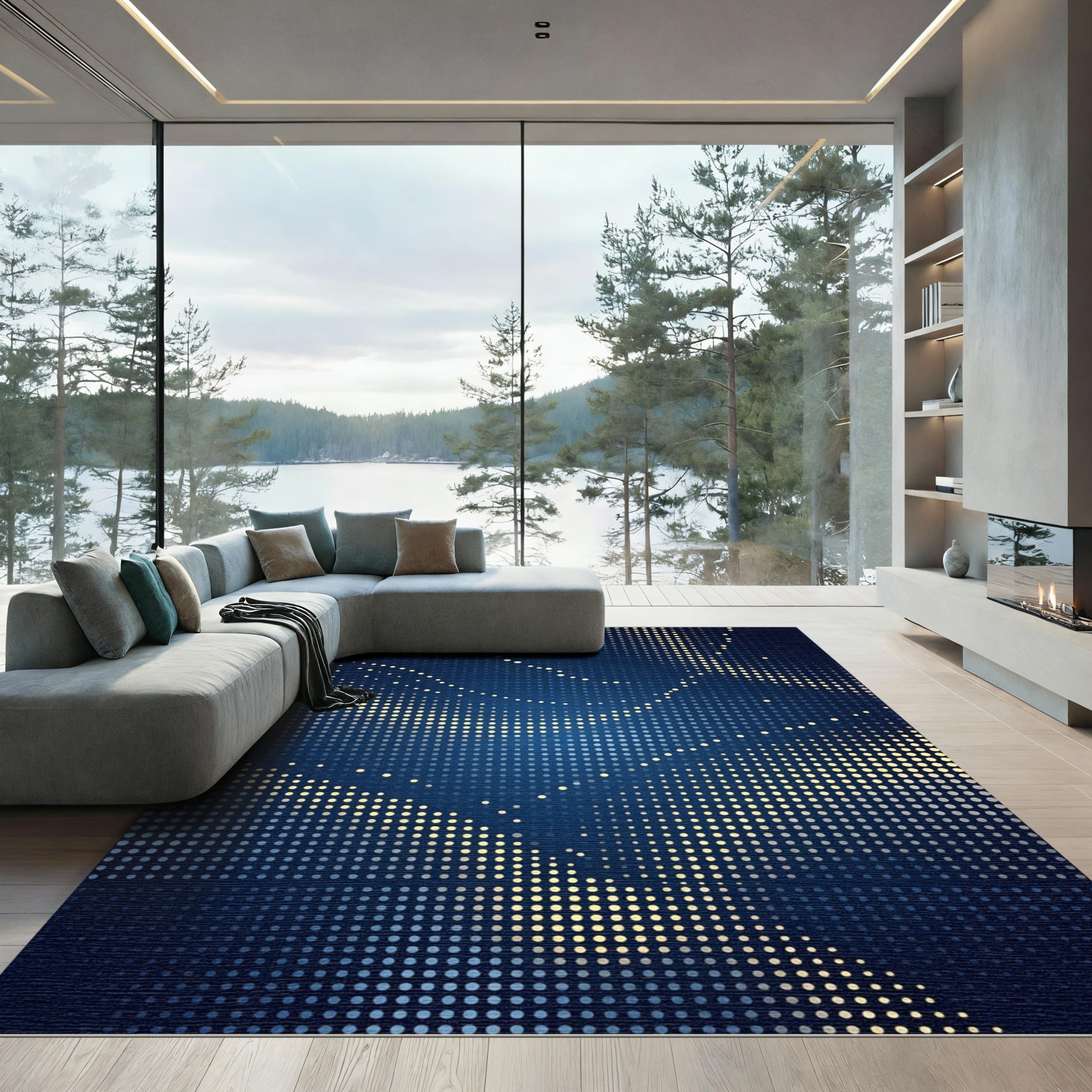 Cosmic Golden Polka Dot Blue Wave Rug