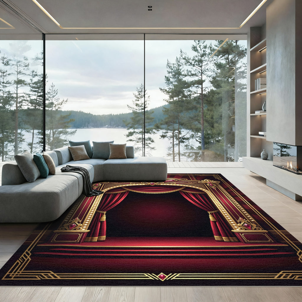 Grand Crimson Art Deco Stage Curtain Rug
