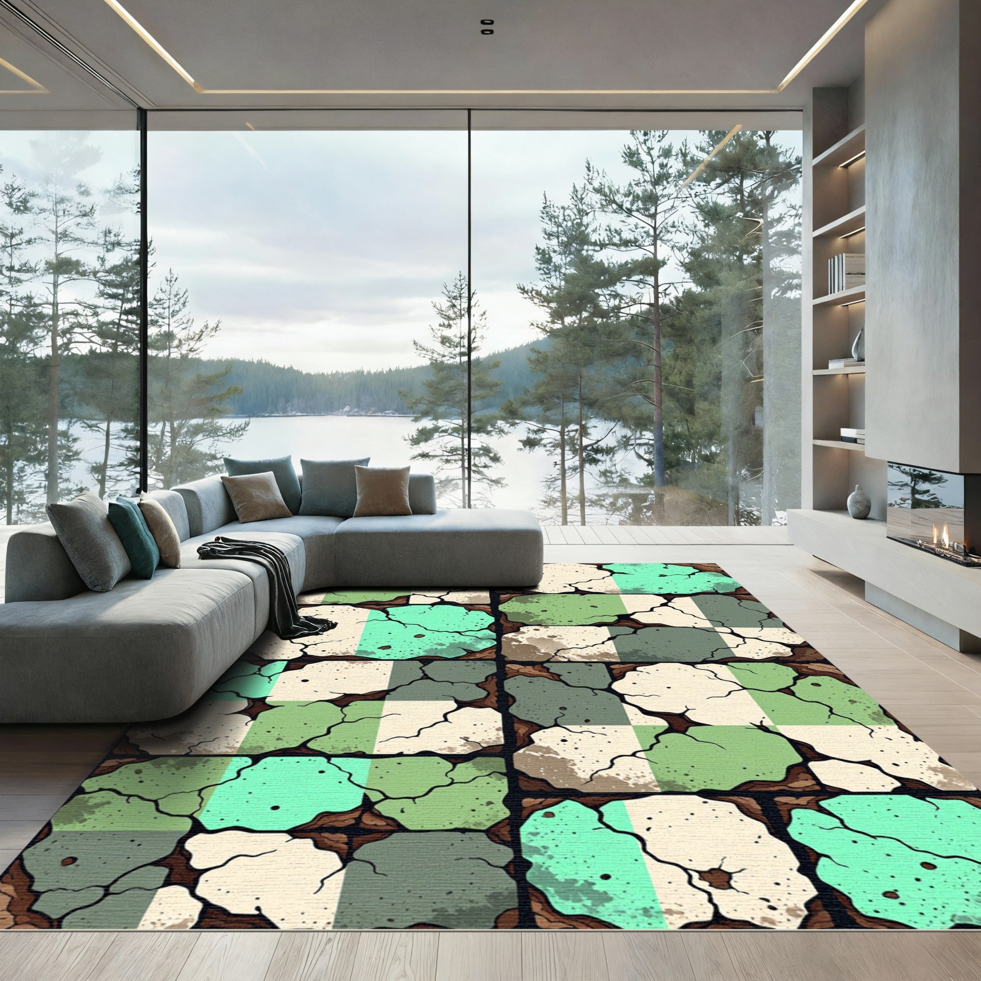 Cracked Tile Green Beige Abstract Composition Rug