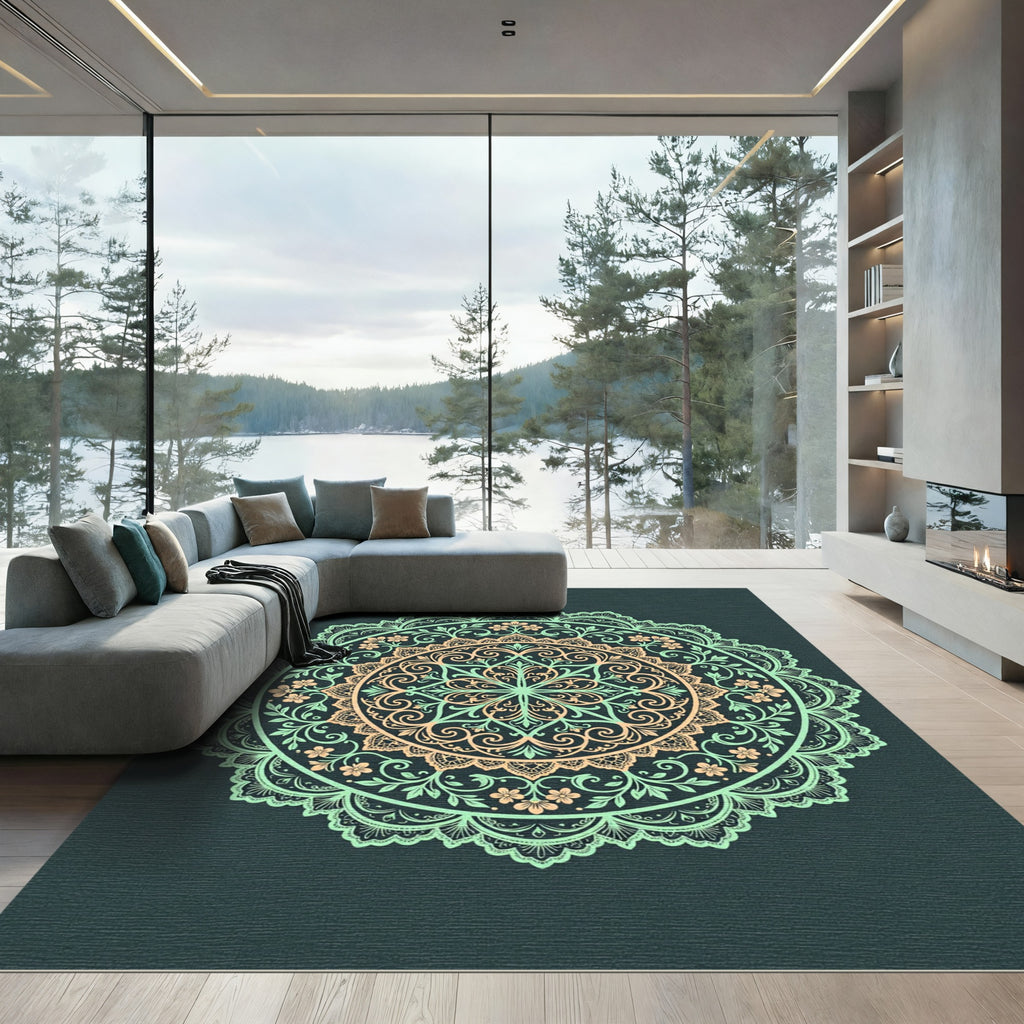 Sage and Peach Filigree Floral Mandala Rug