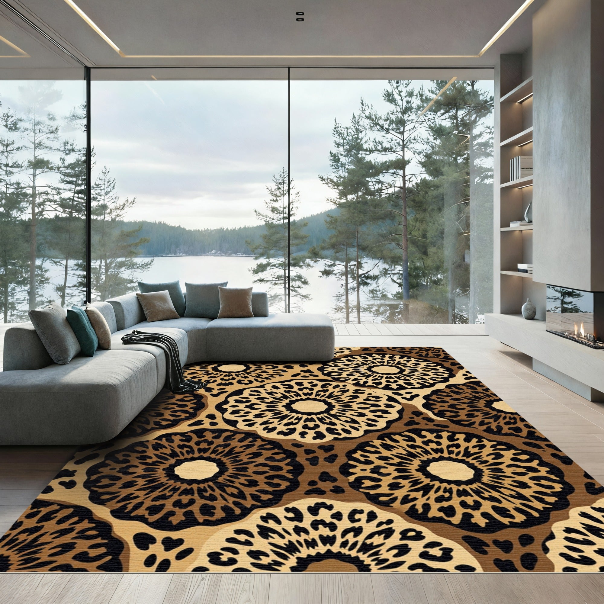 Brown Leopard Print Sunburst Round Rug