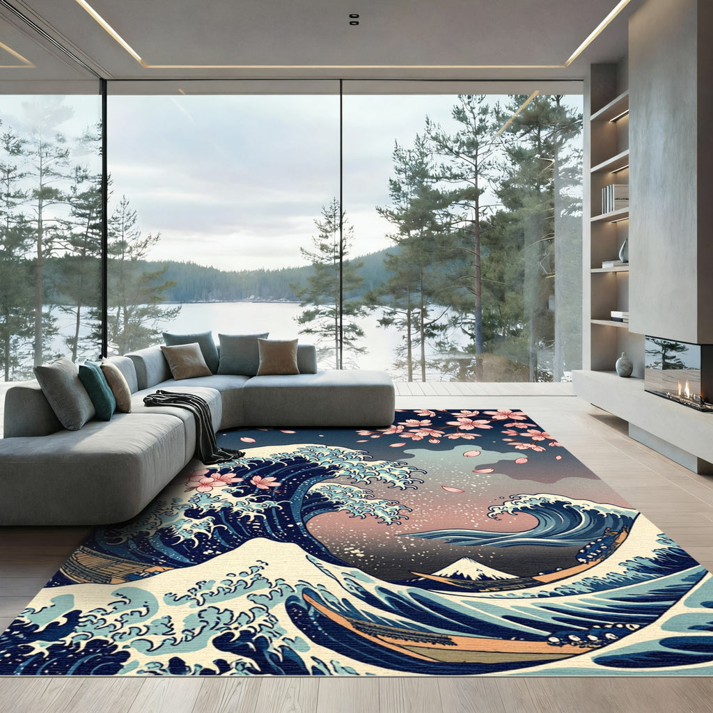 Great Wave Cherry Blossom Mountain Art Rug