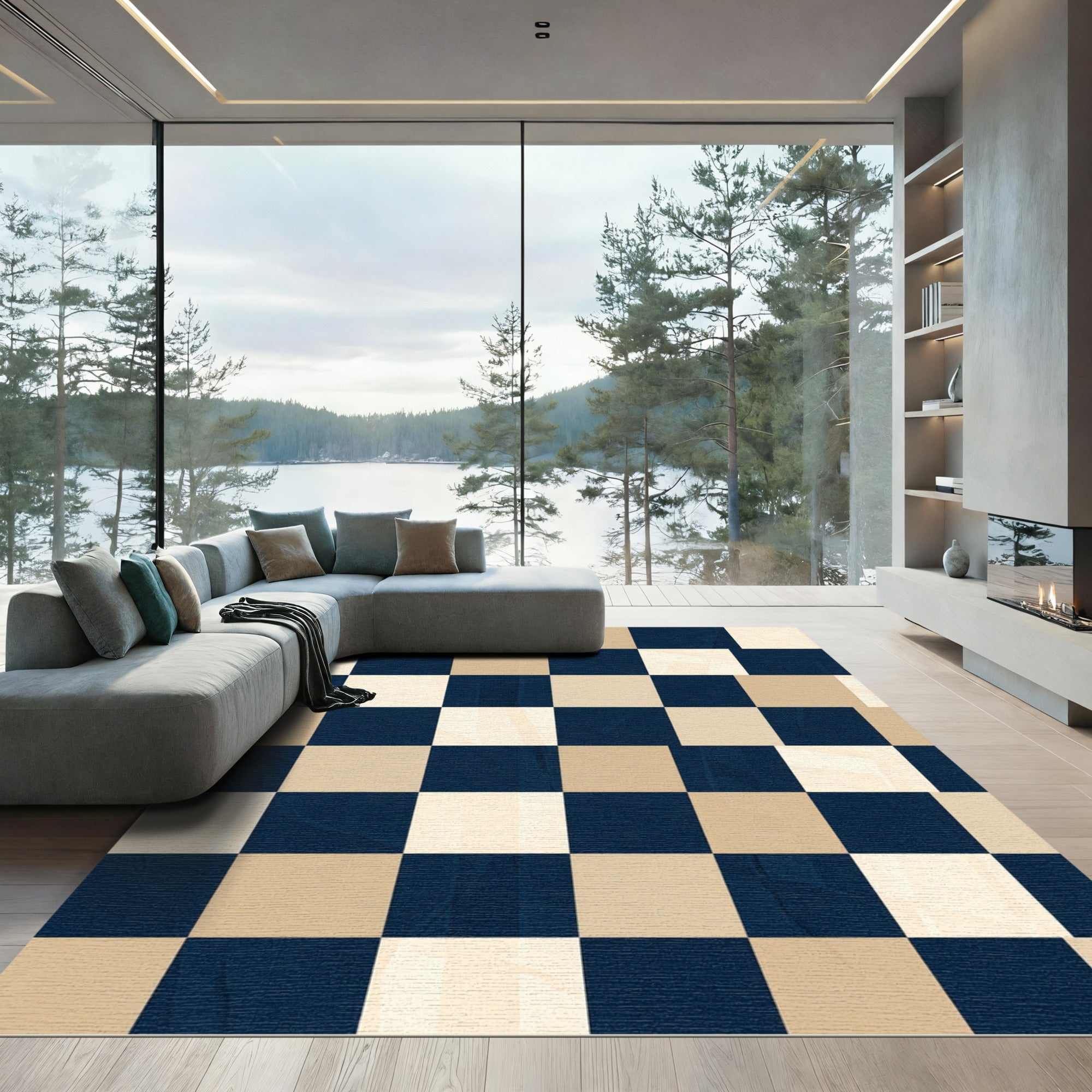 Modern Navy and Beige Checkered Grid Rug