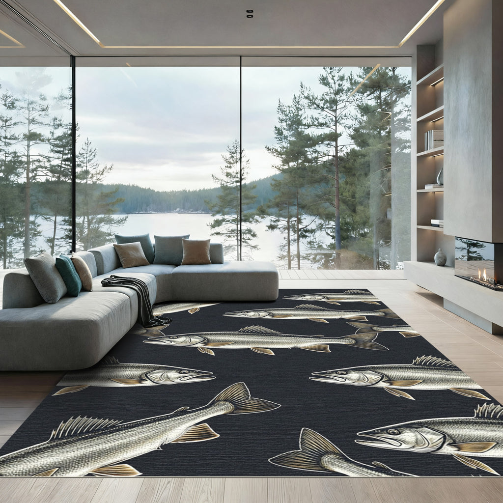 Dark Charcoal Monochrome Fish Illustration Rug
