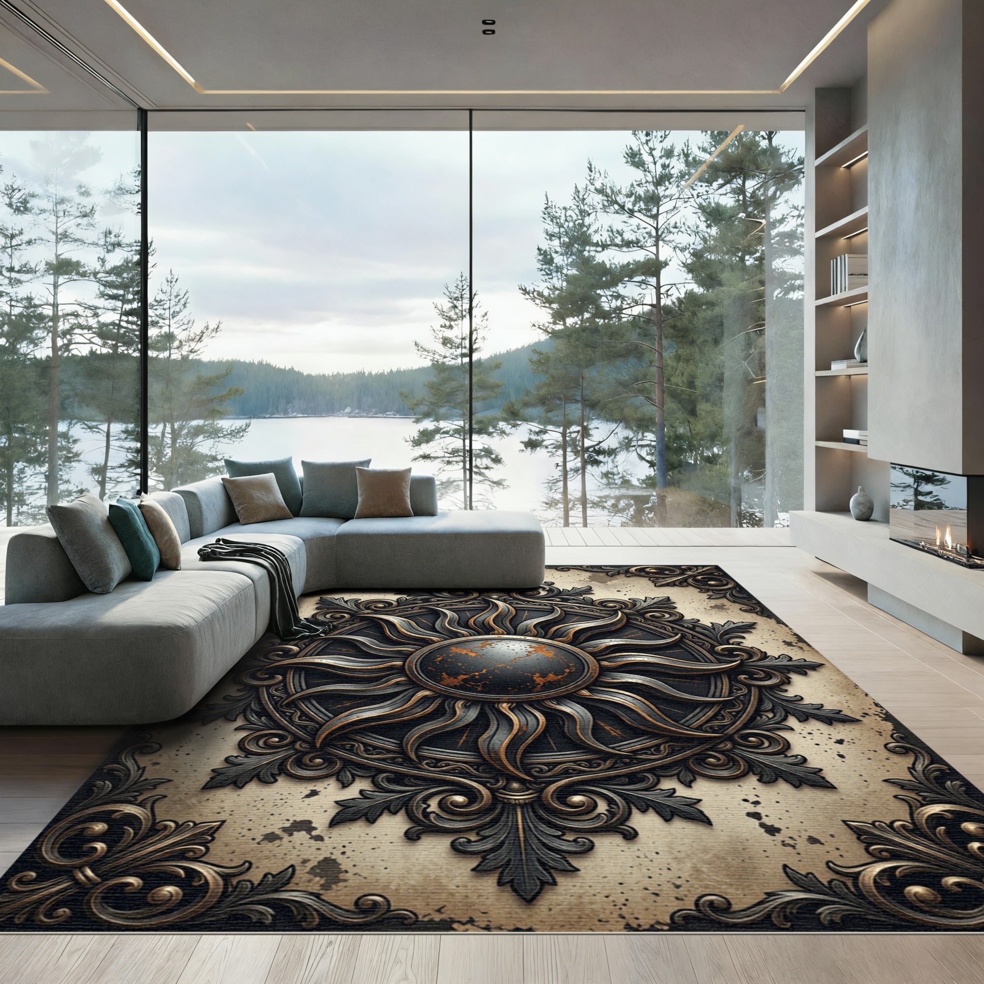 Antique Black and Gold Sun Medallion Rug