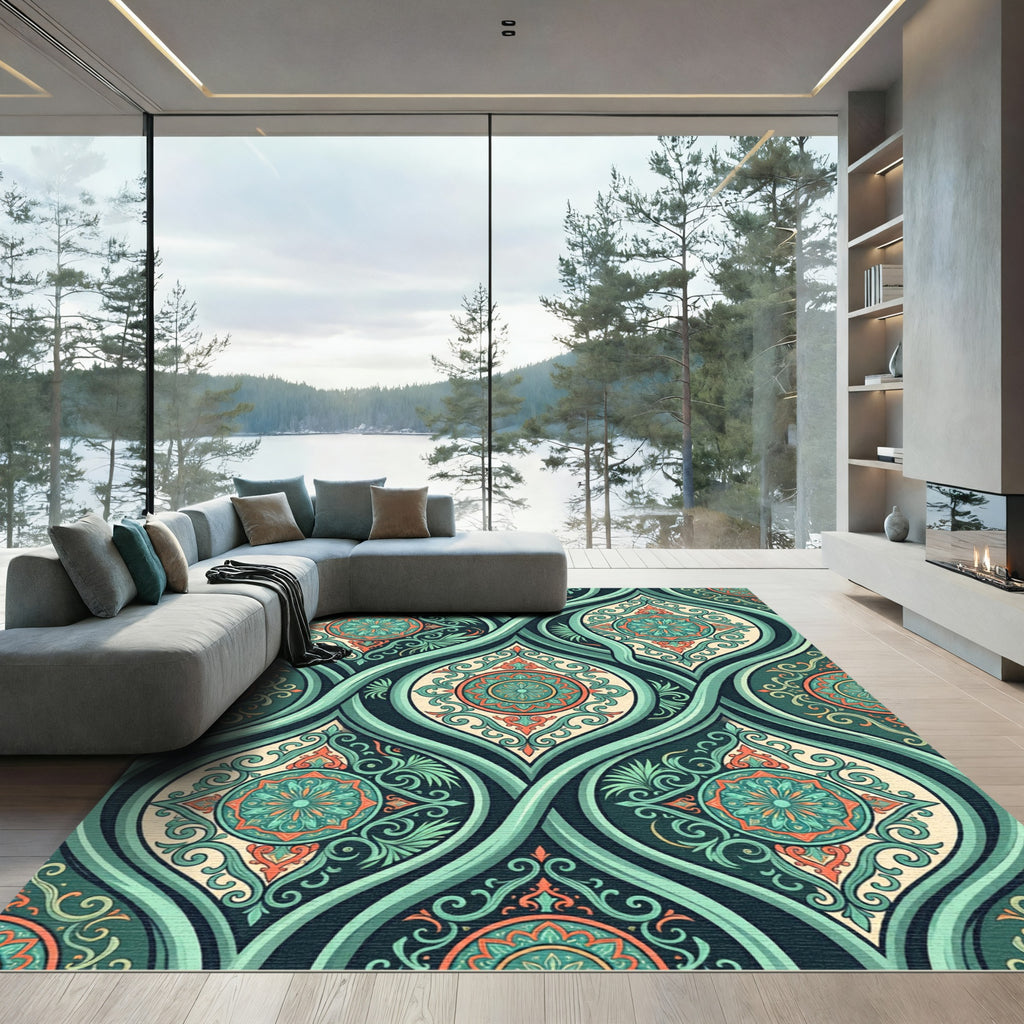 Teal Orange Medallion Arabesque Rug