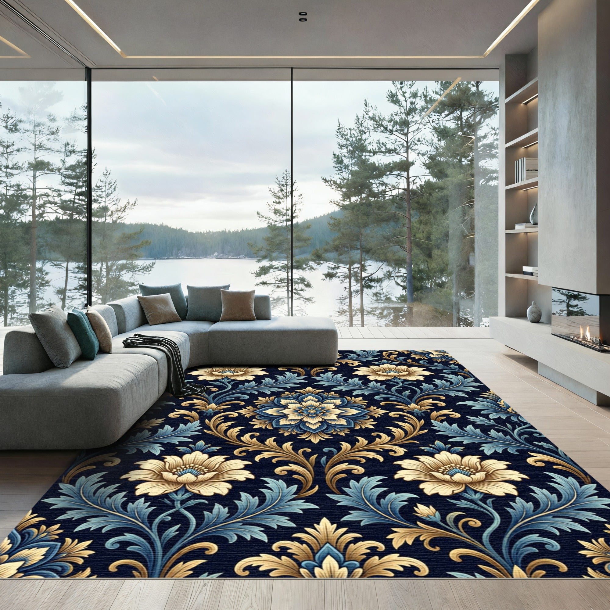 Antique Blue Golden Floral Damask Rug