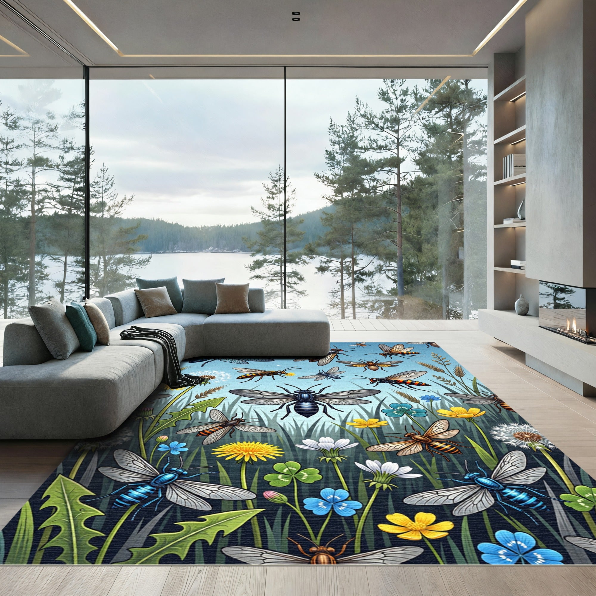 Vibrant Flying Insect Meadow Floral Garden Rug