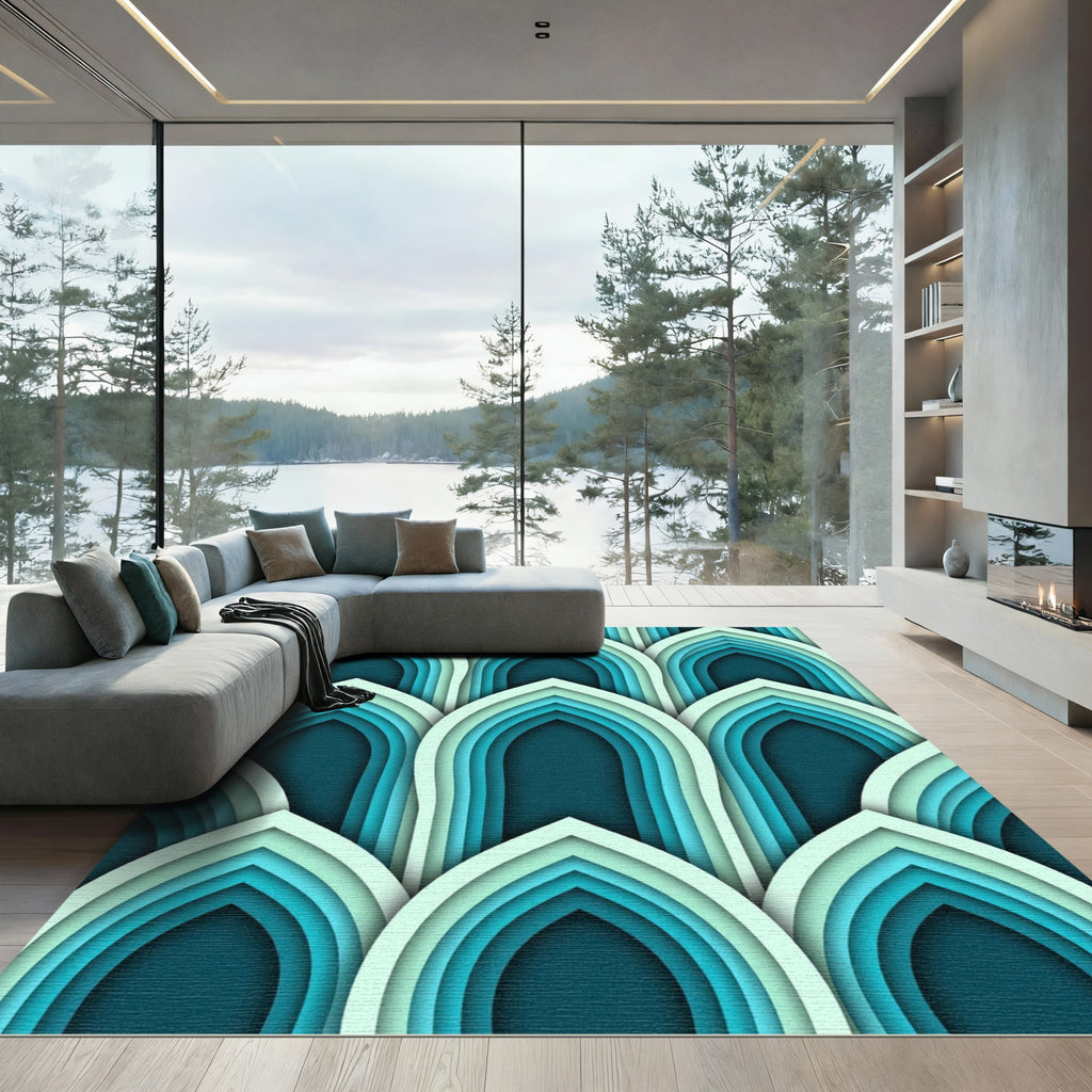 Layered Teal Arched Geometric Waves Rug