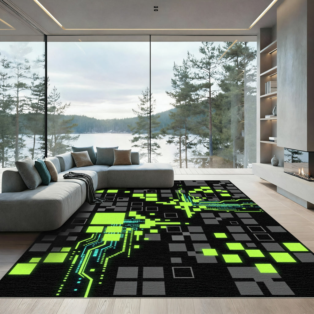 Neon Green Cyber Digital Geometric Grid Rug