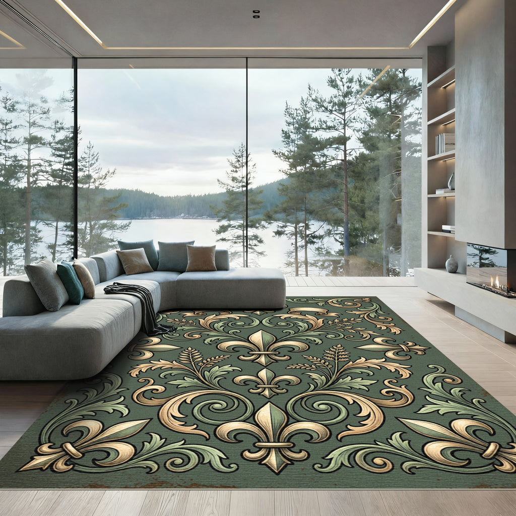 Elegant Sage Fleur de Lis Scrollwork Rug