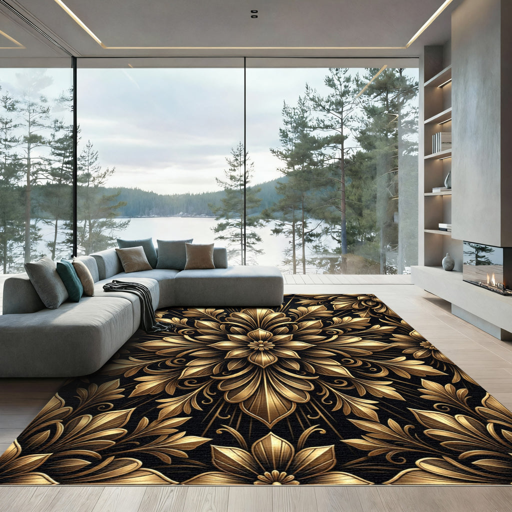 Elegant Metallic Gold Floral Filigree Medallion Rug
