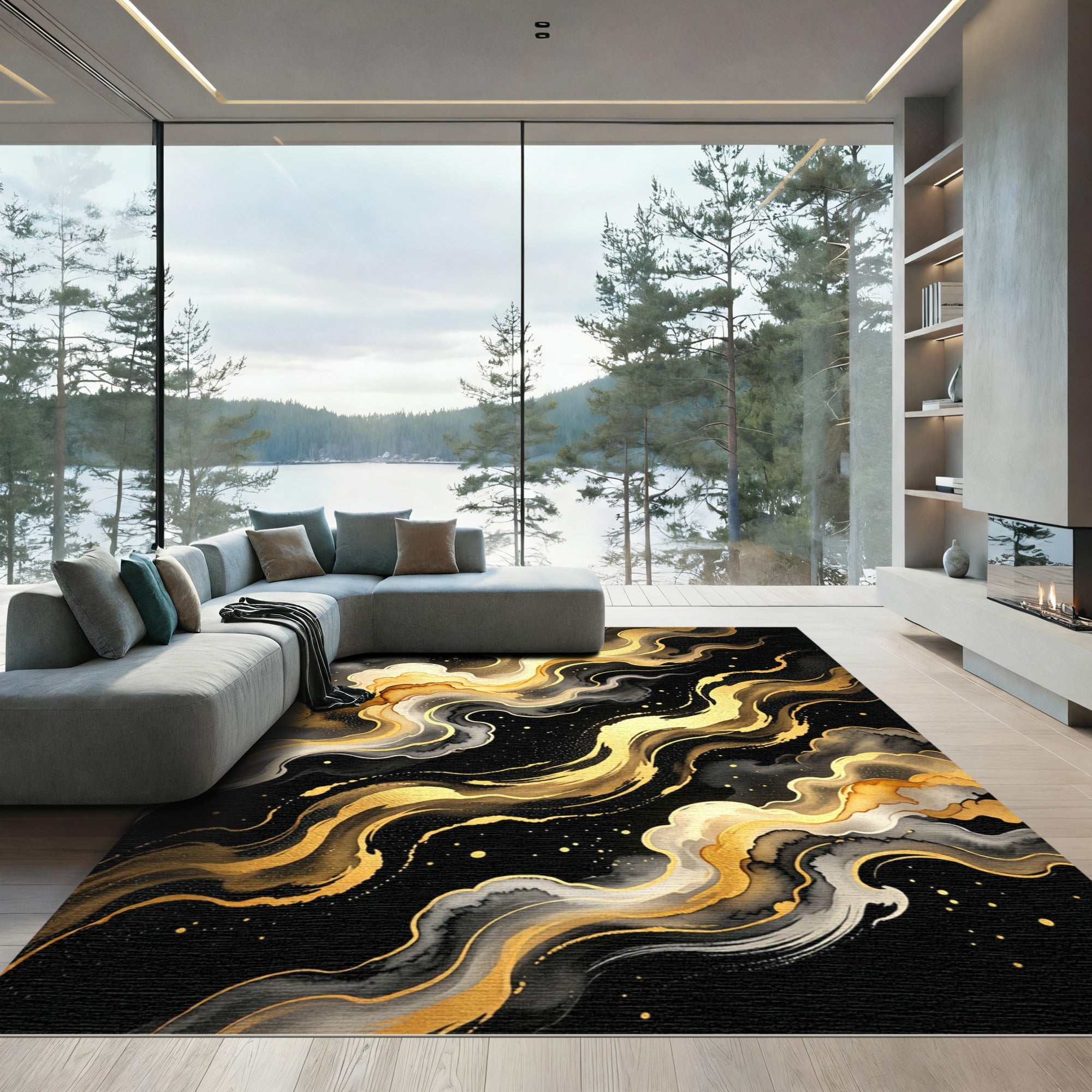 Elegant Gold and Black Wavy Abstract Rug