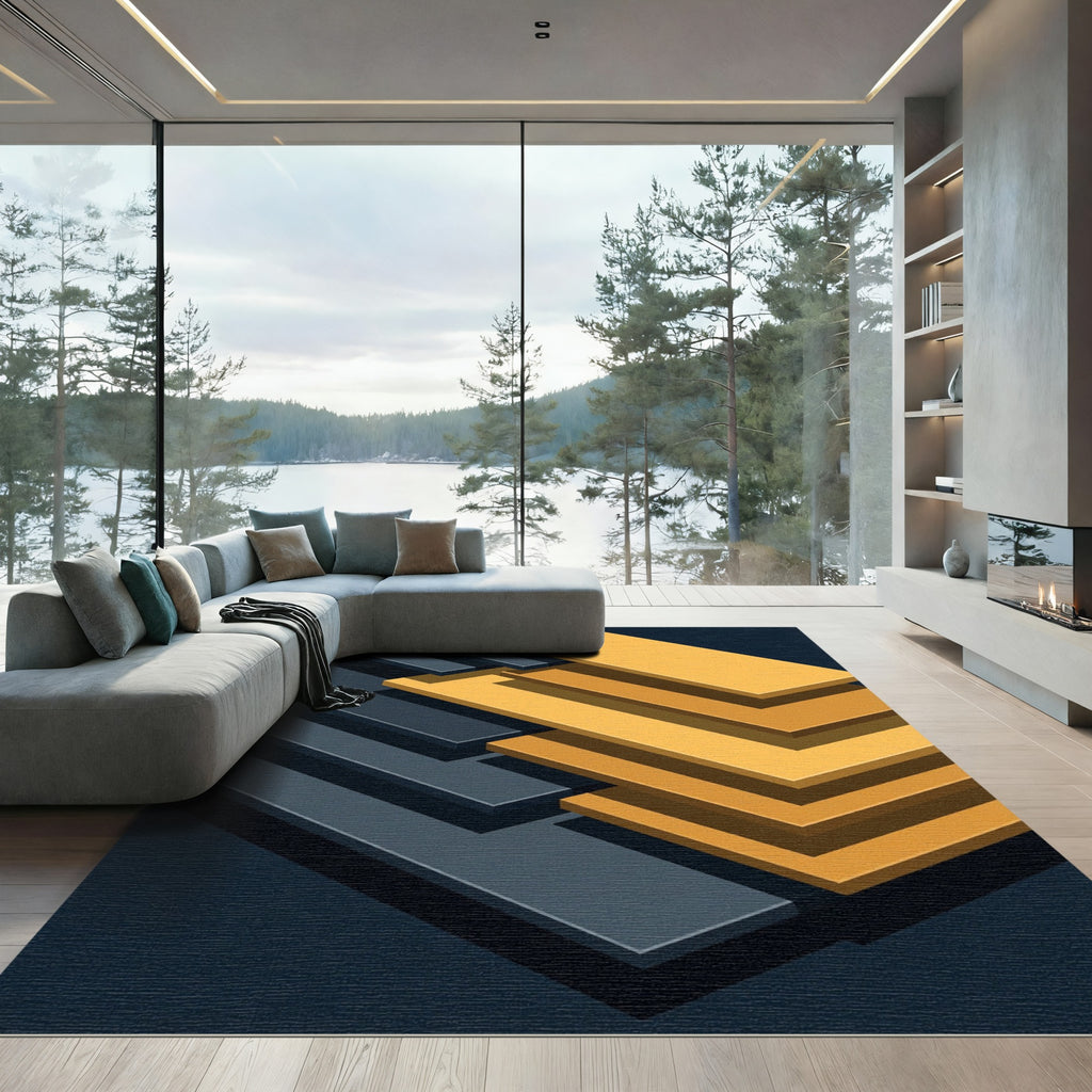Dark Blue Gold Staggered Stripes Rug