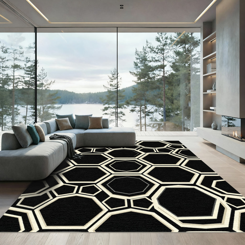 Elegant Monochrome Geometric Hexagon Grid Rug