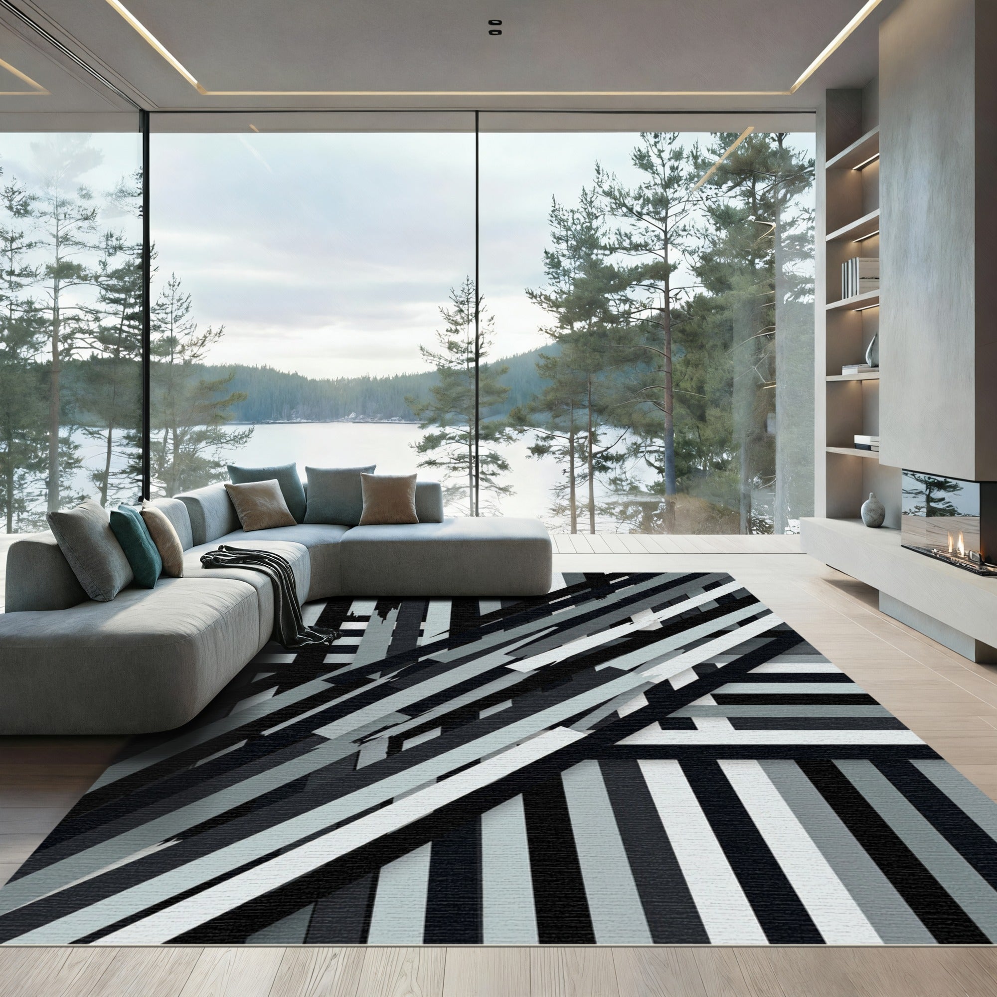Monochrome Abstract Geometric Diagonal Stripe Rug
