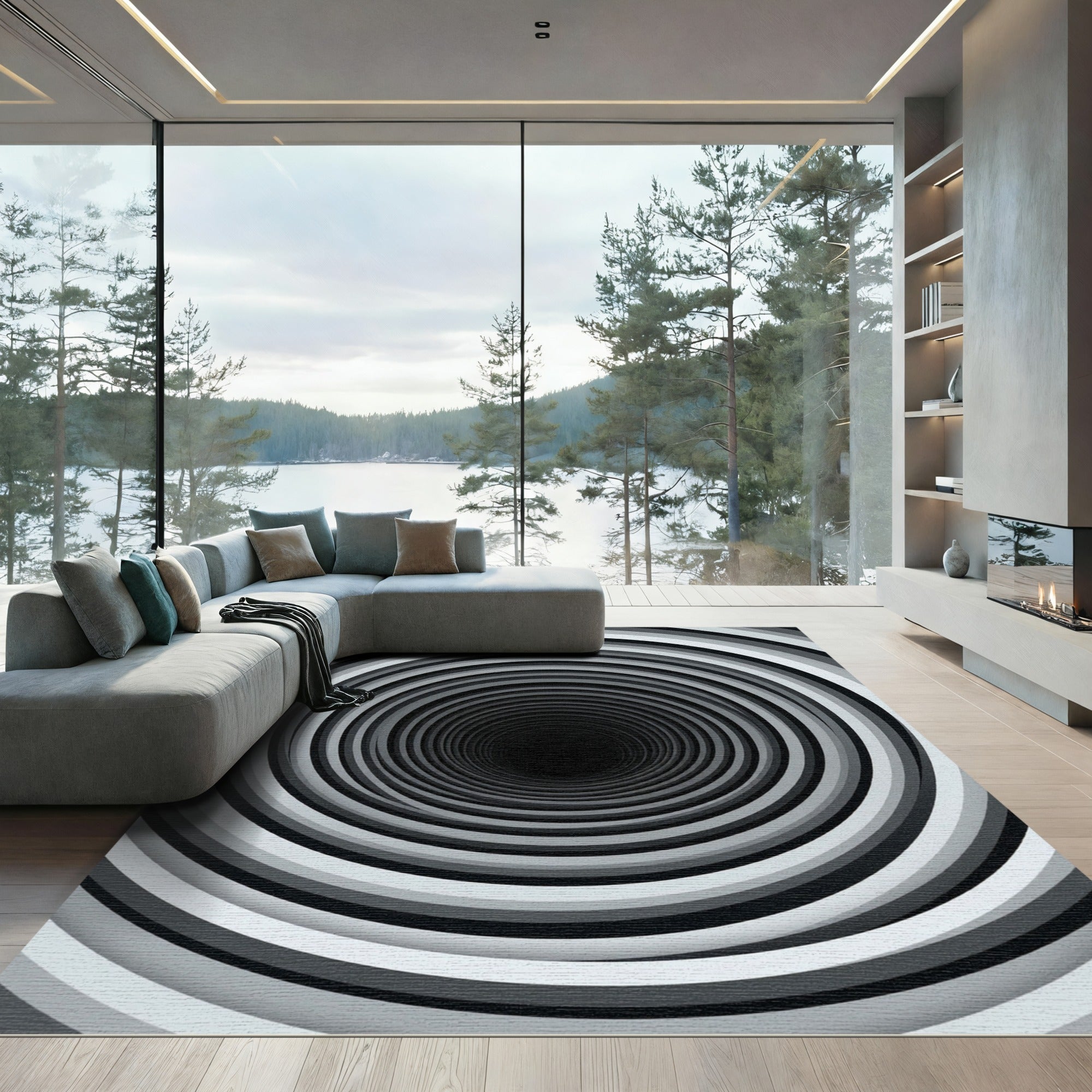 Monochrome Vortex Illusion Circular Art Rug