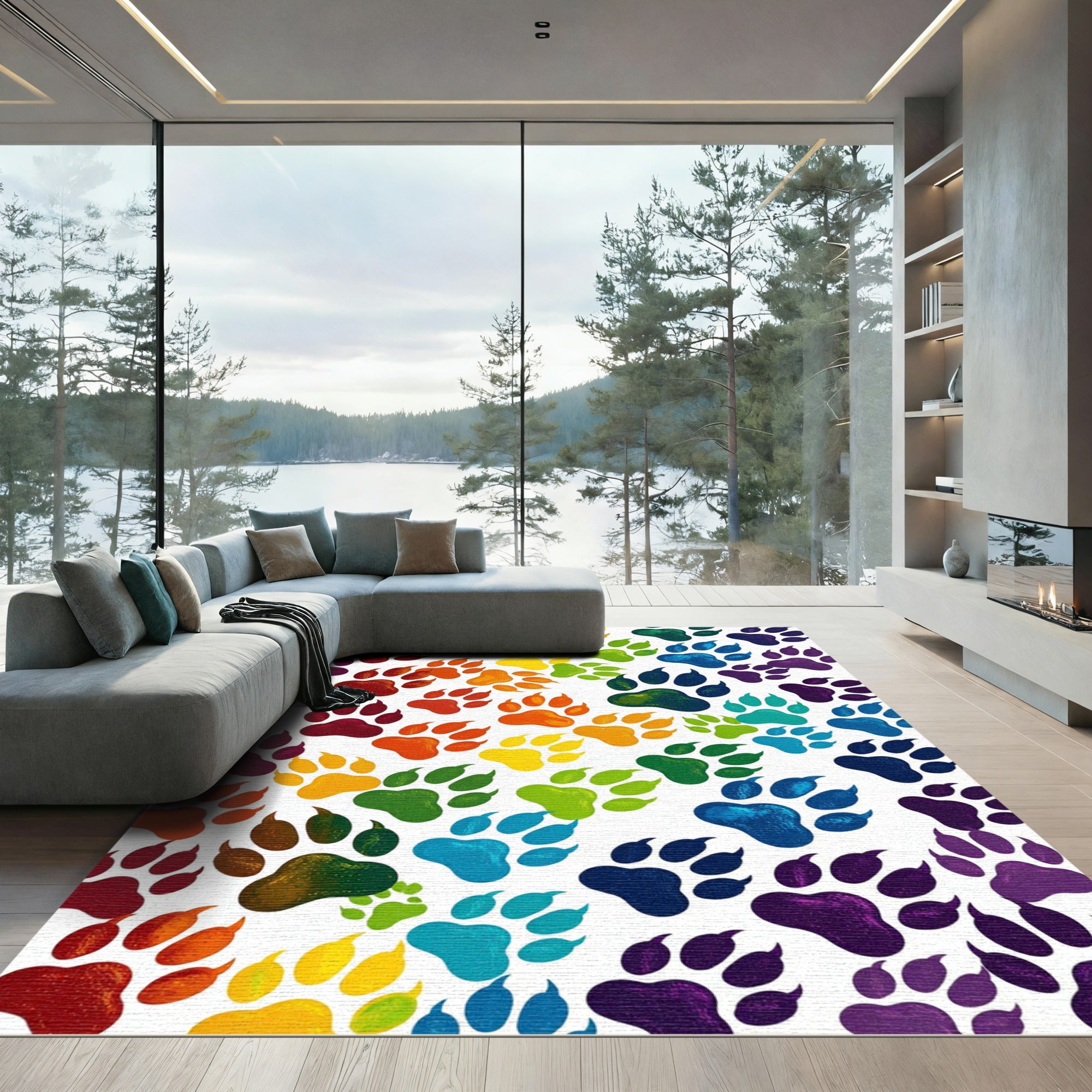 Vibrant Rainbow Animal Paw Trail Rug