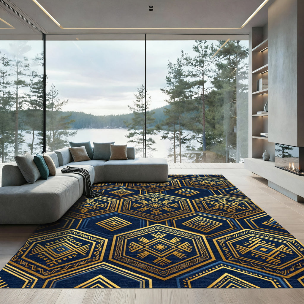 Geometric Navy and Gold Hexagon Art Rug