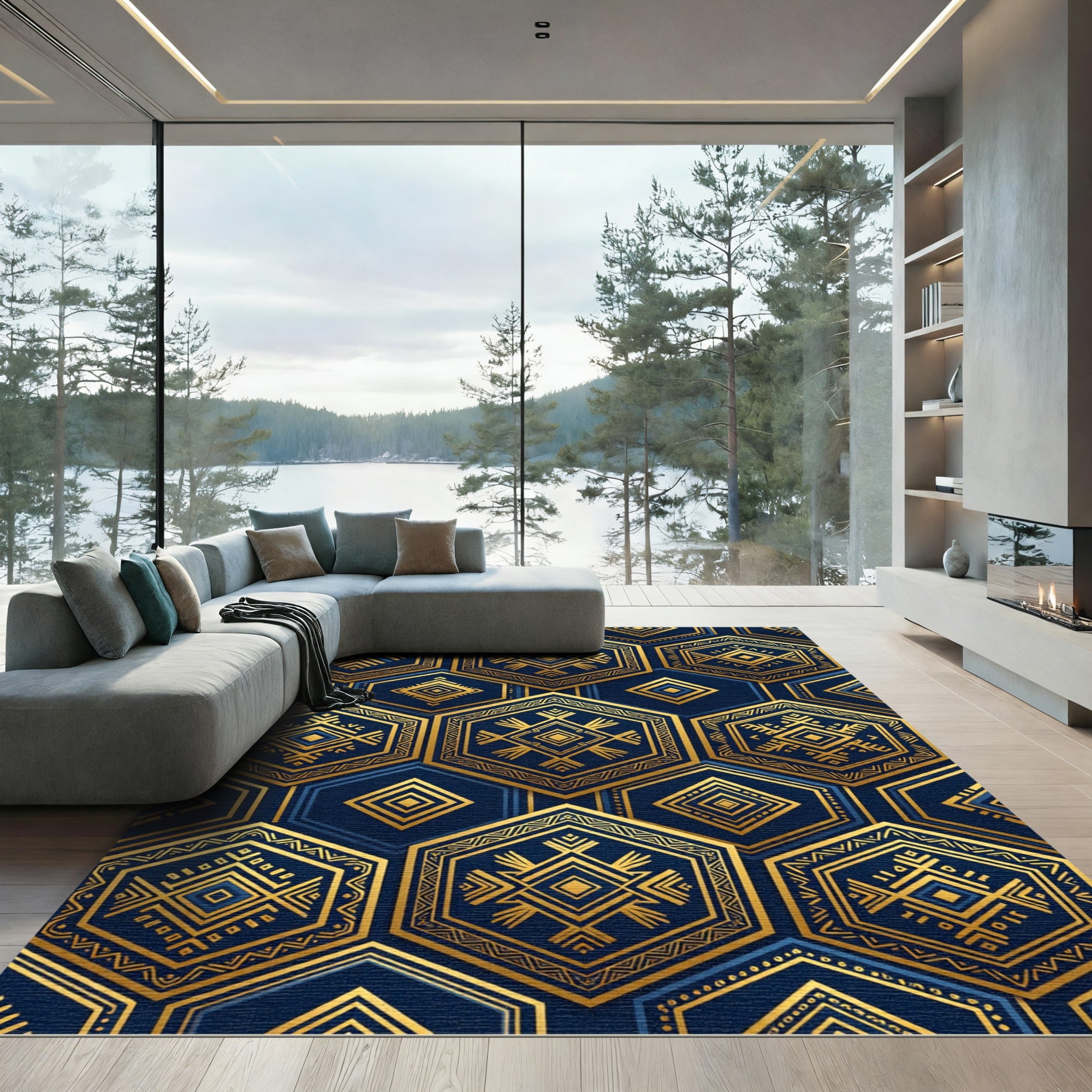 Geometric Navy and Gold Hexagon Art Rug