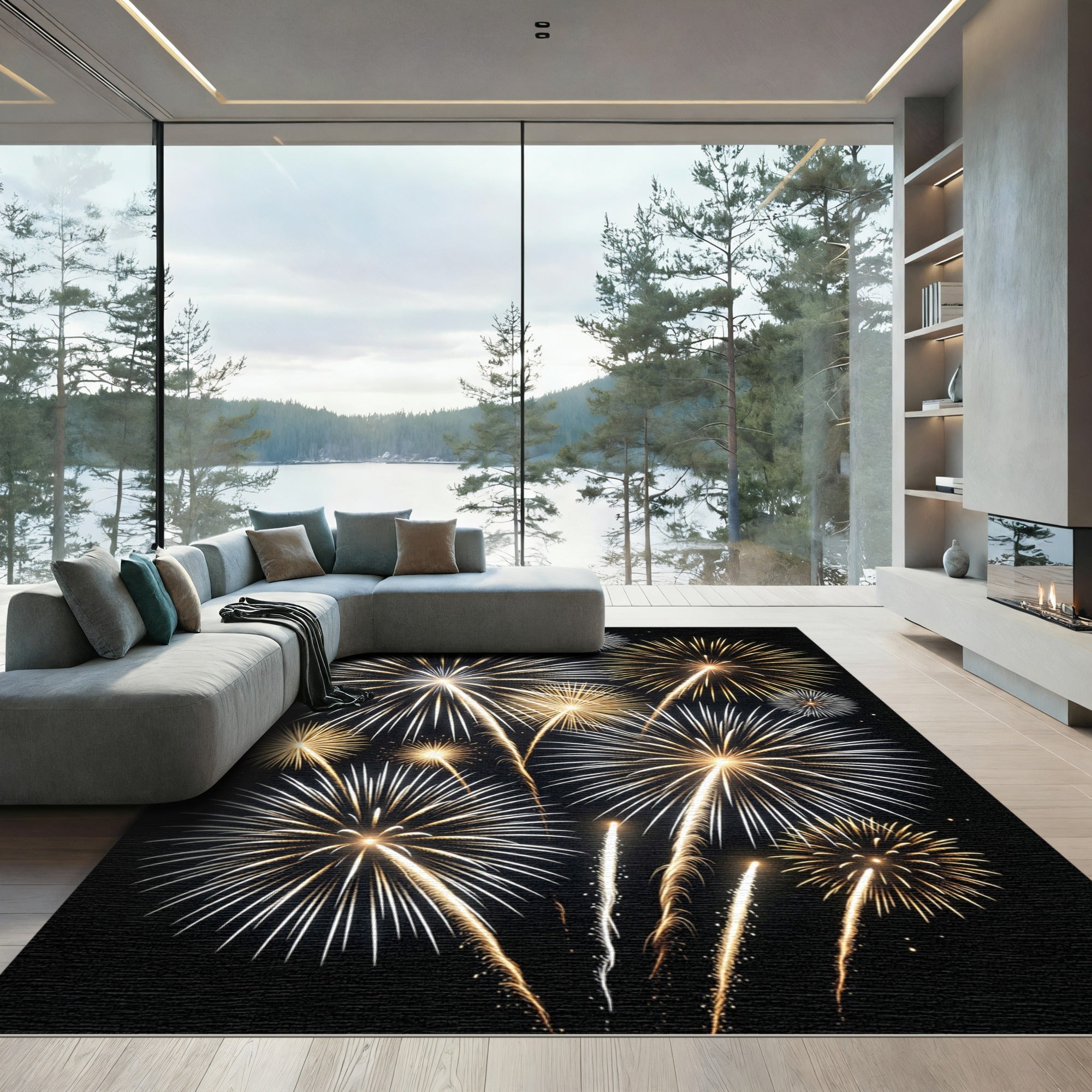 Luminous Golden Fireworks Burst Art Rug