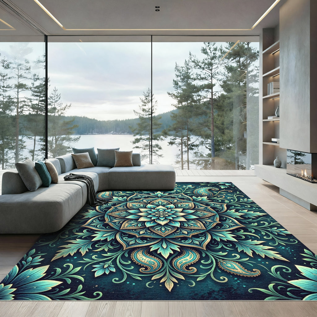 Teal Floral Paisley Mandala Medallion Rug