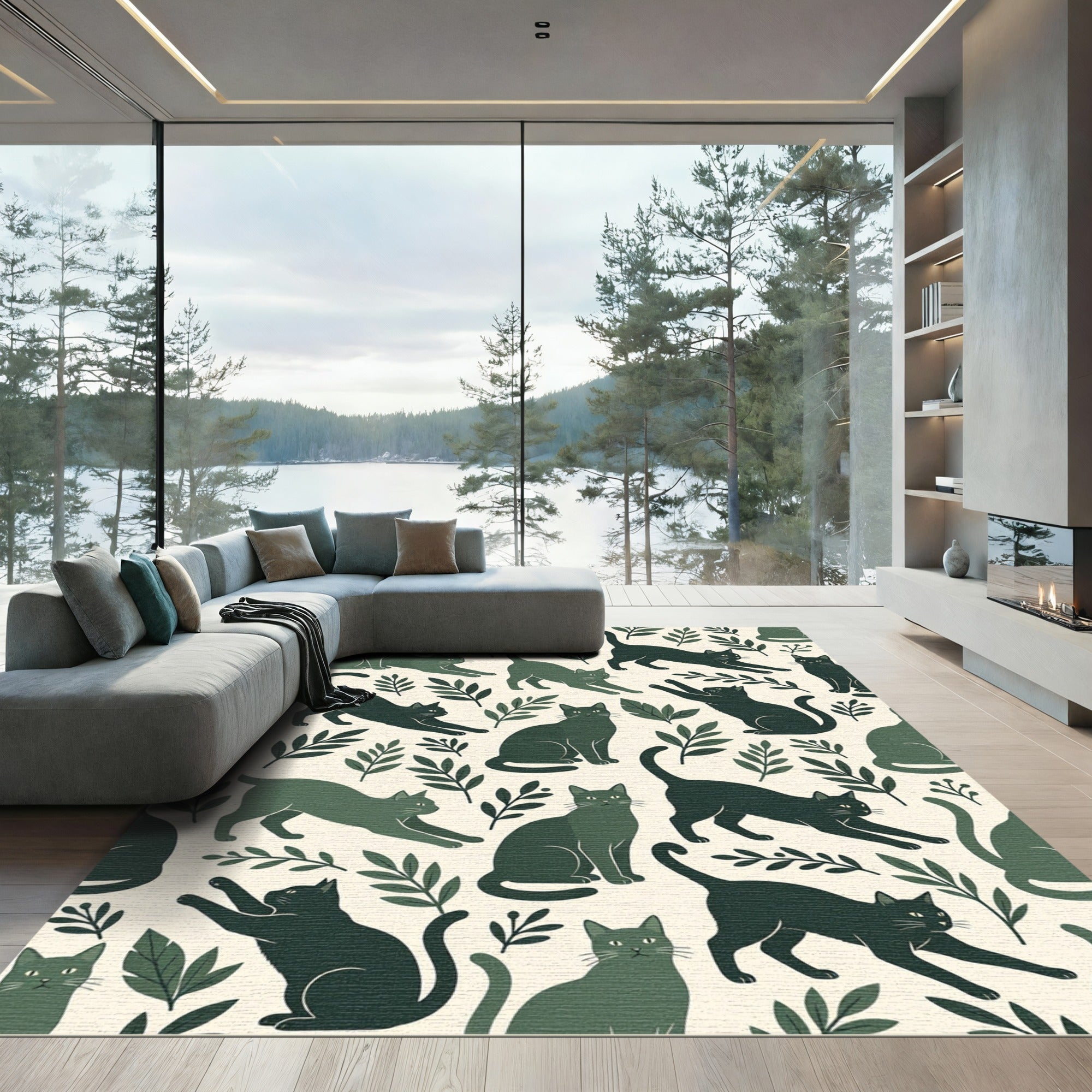 Dark Green Feline Foliage Repeat Rug