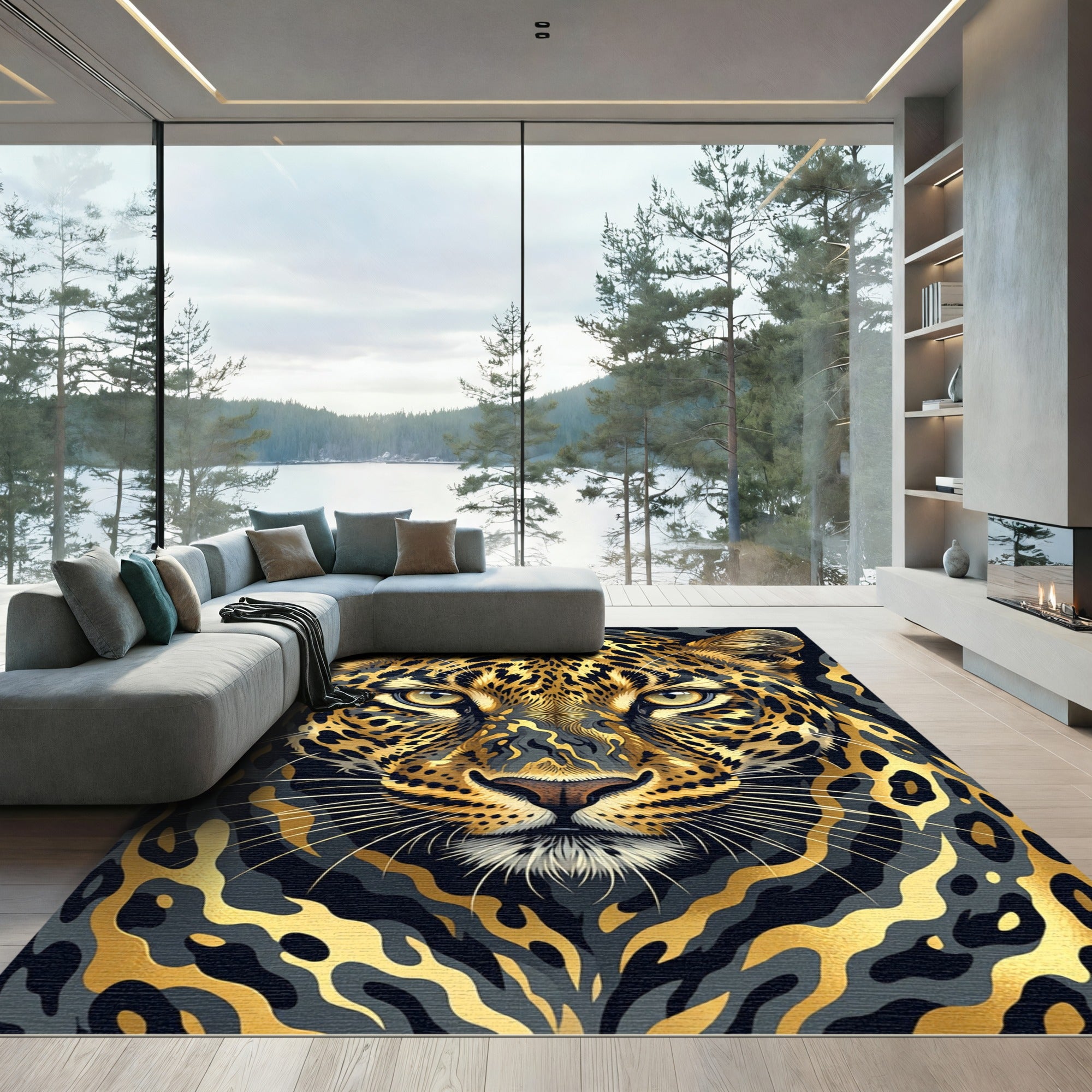 Majestic Golden Leopard Face Art Rug