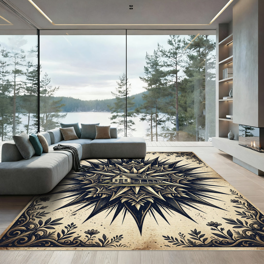 Vintage Starburst Lodge Black Cream Illustration Rug