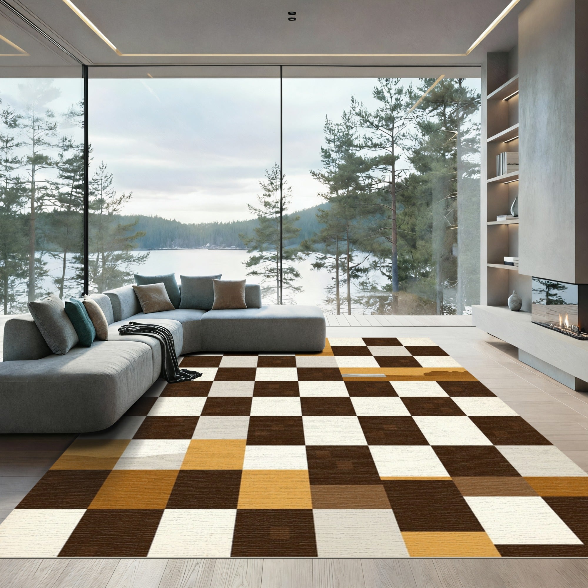 Contemporary Earth Tone Geometric Grid Rug