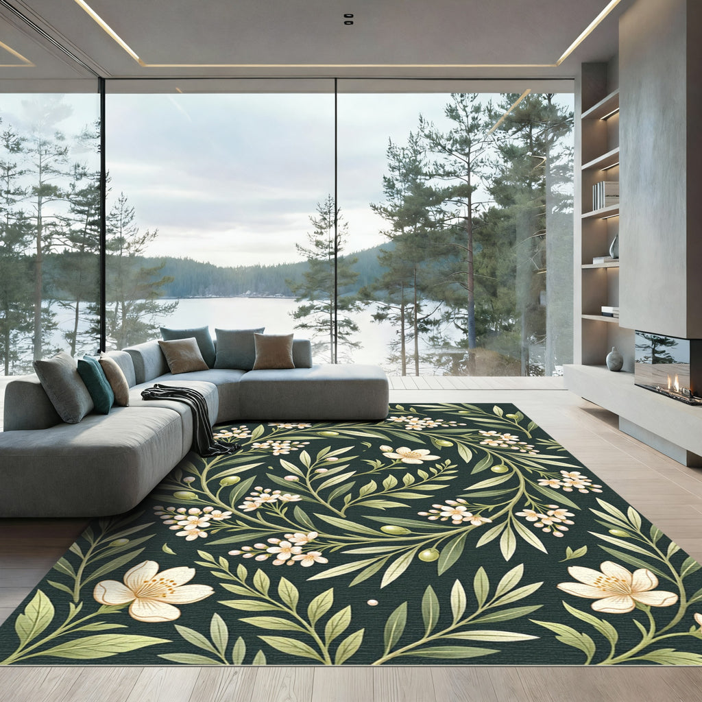 Elegant Olive Branch Floral Botanical Rug