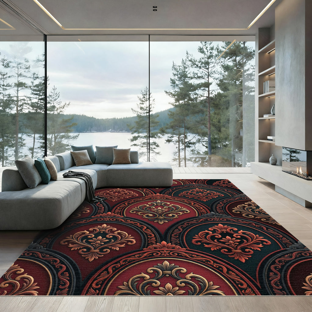 Ornate Crimson Damask Arched Medallion Rug