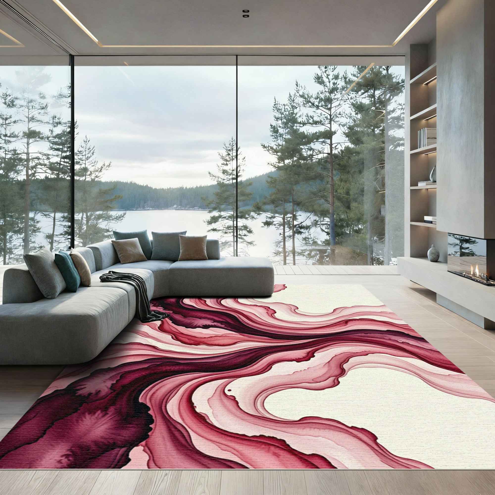 Crimson Flowing Abstract Watercolor Rug