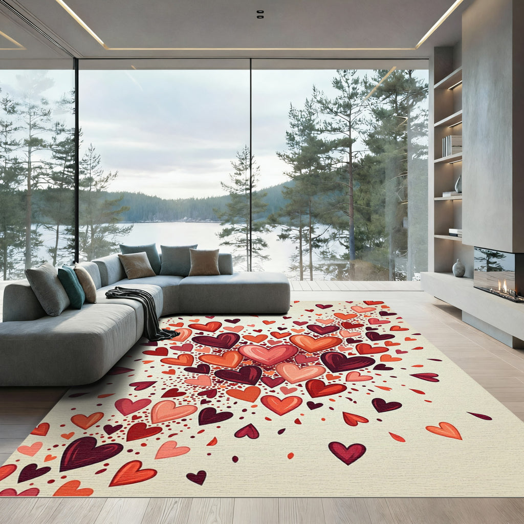 Whimsical Floating Pink and Red Hearts Rug