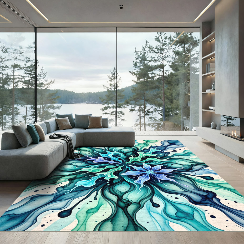 Teal Aqua Abstract Flowing Floral Rug