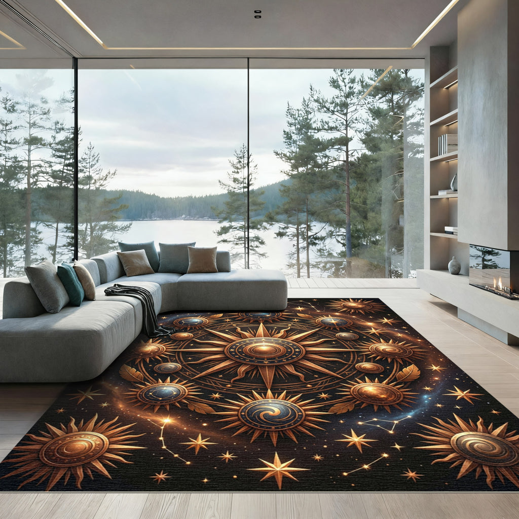 Celestial Gold Sunburst Astrology Medallion Rug