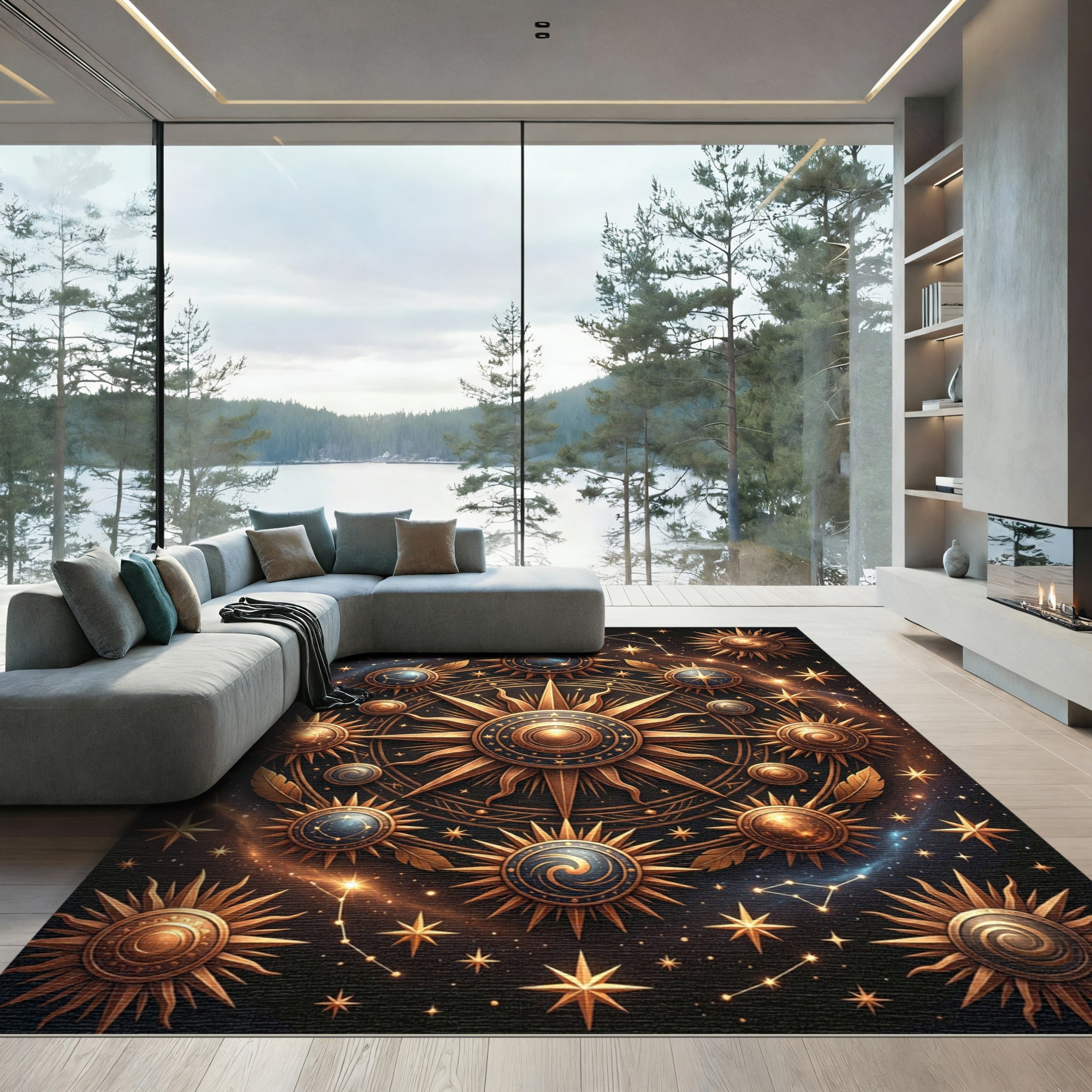 Celestial Gold Sunburst Astrology Medallion Rug