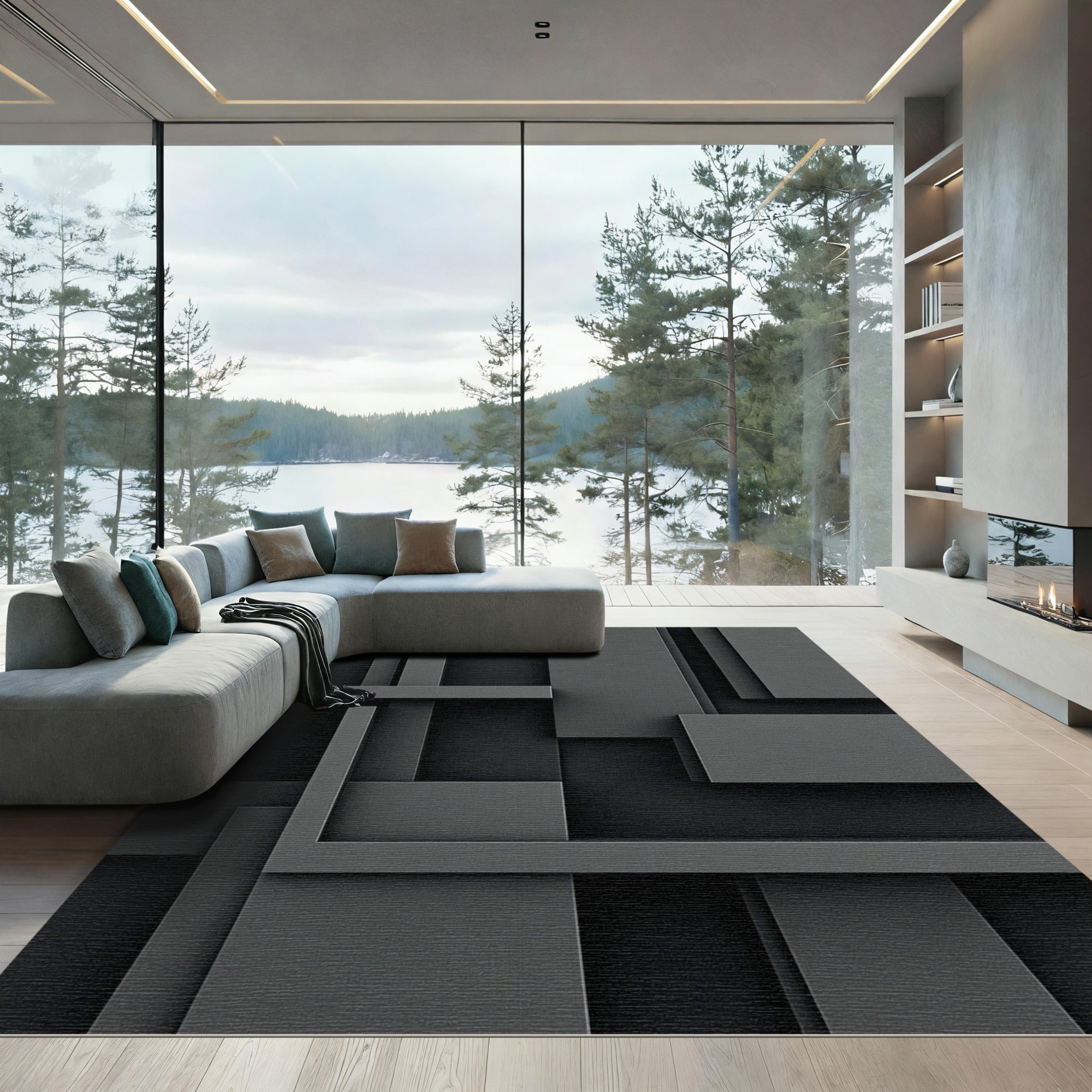 Monochrome Geometric Interlocking Shapes Rug